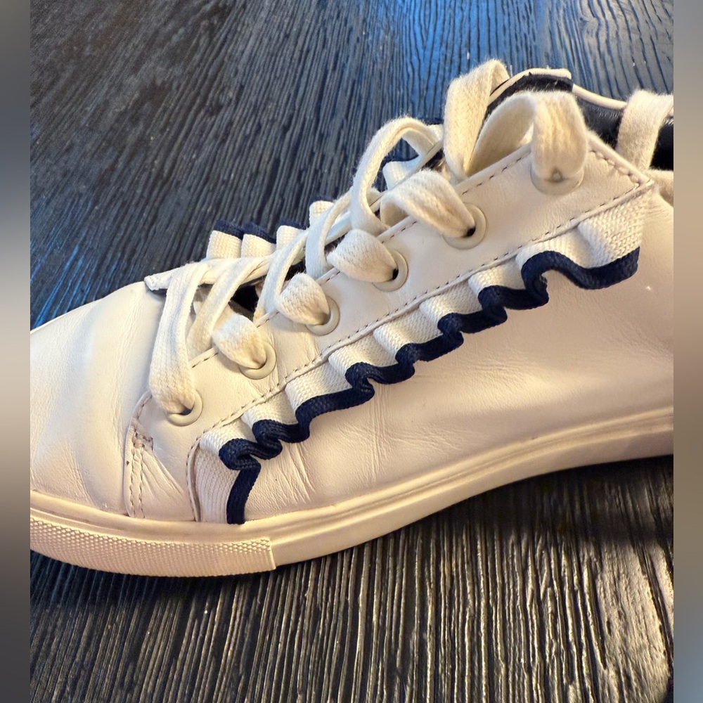 Tory Burch White and Navy Ruffle Trim Sneakers - Picture 7 of 10
